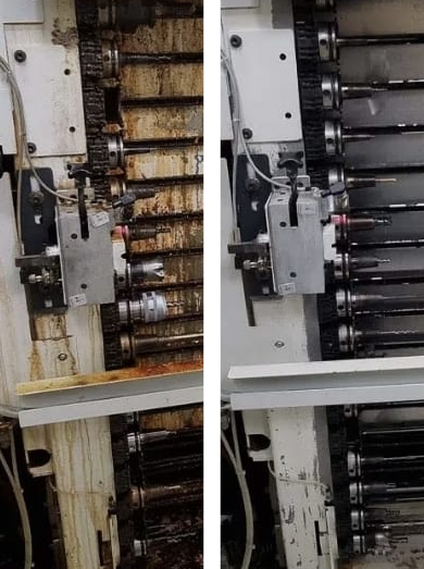 Dry ice blasting production machinery in a manufacturing facility