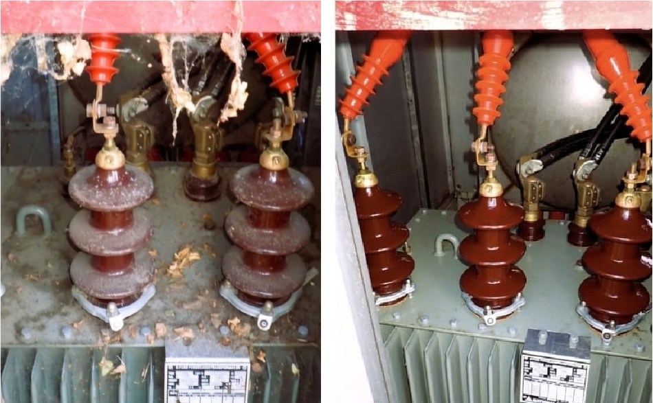 Dry ice blasting removing carbon deposits from electrical infrastructure
